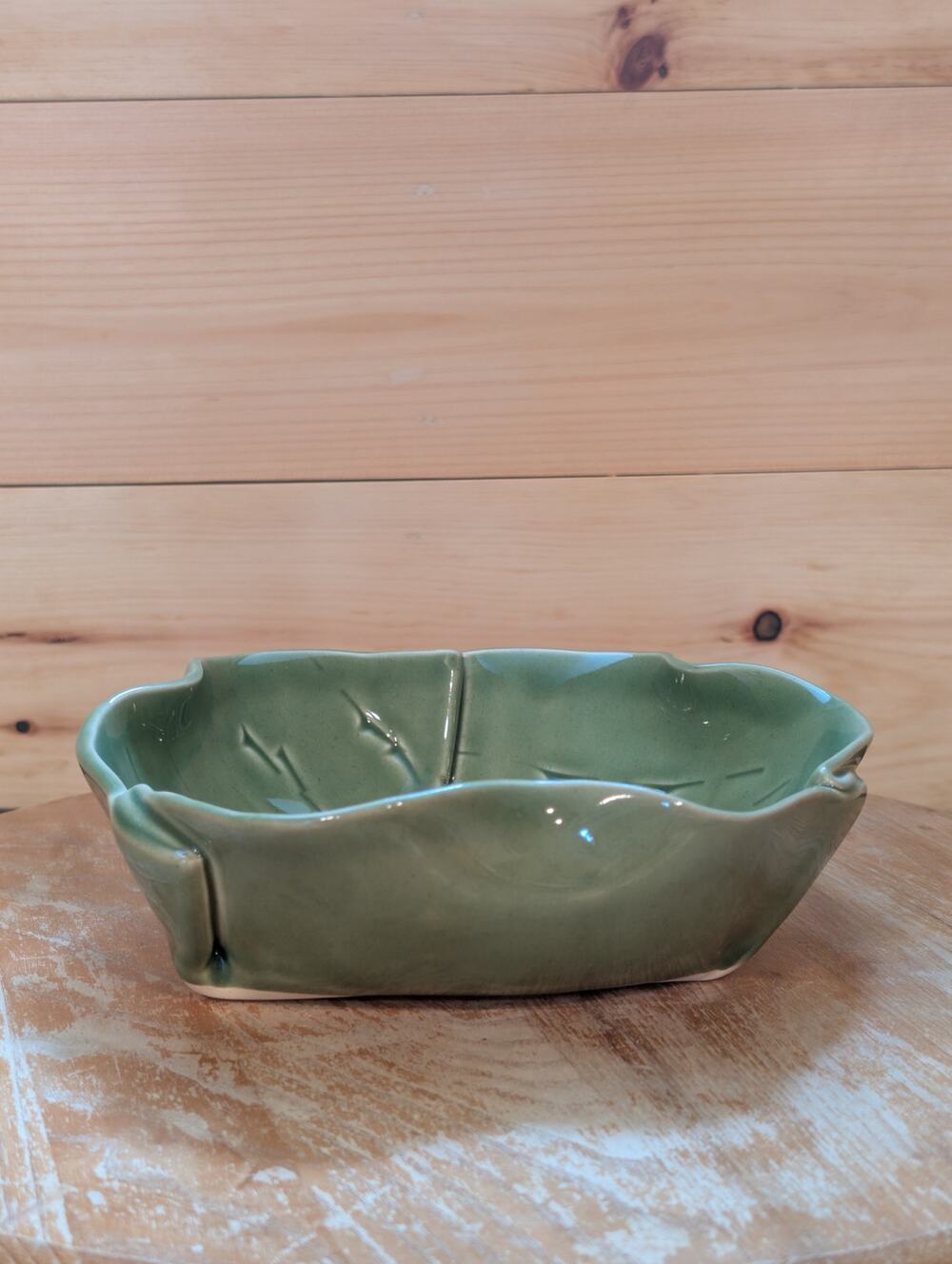 Handcrafted Canadian Green Pottery Leaf Bowl Signed Hilborn 9"